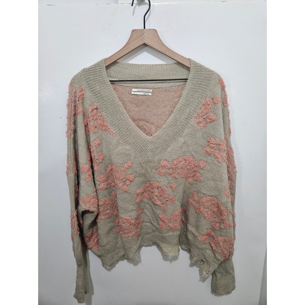 Anthropologie XL Alpaca Rose Sweater Pink Floral Textured Oversized Slouchy Boho